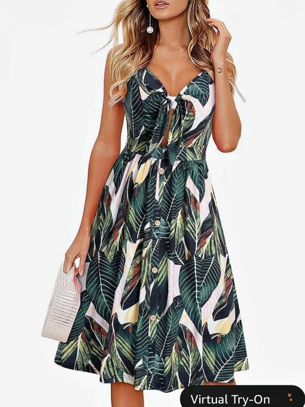 Size M. Tropical Leaf Print Tie Front, Keyhole, Spaghetti Strap Sundress with Po